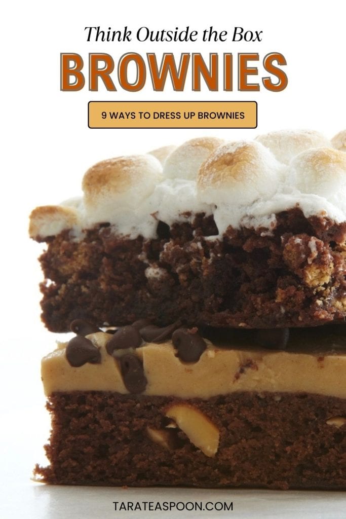 Think outside the box pinterest pin image of 2 brownies stacked