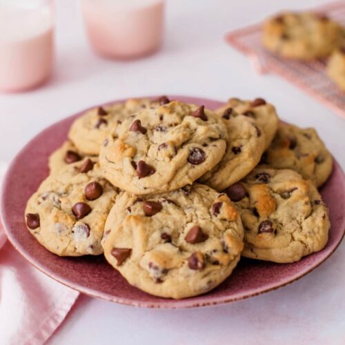 small batch chocolate chip cookies on pink plate