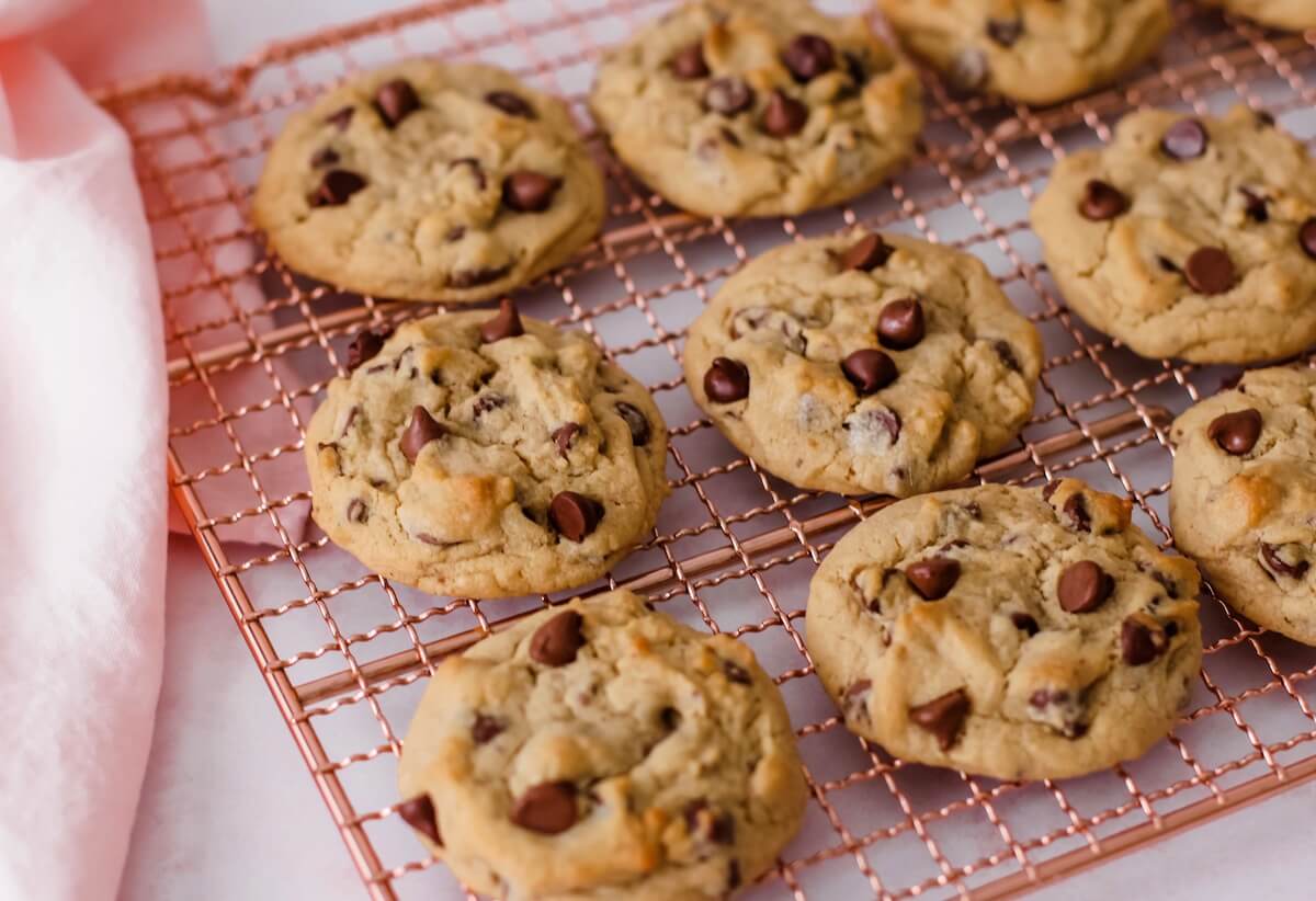 gooey small batch chocolate chip cookies on a rack