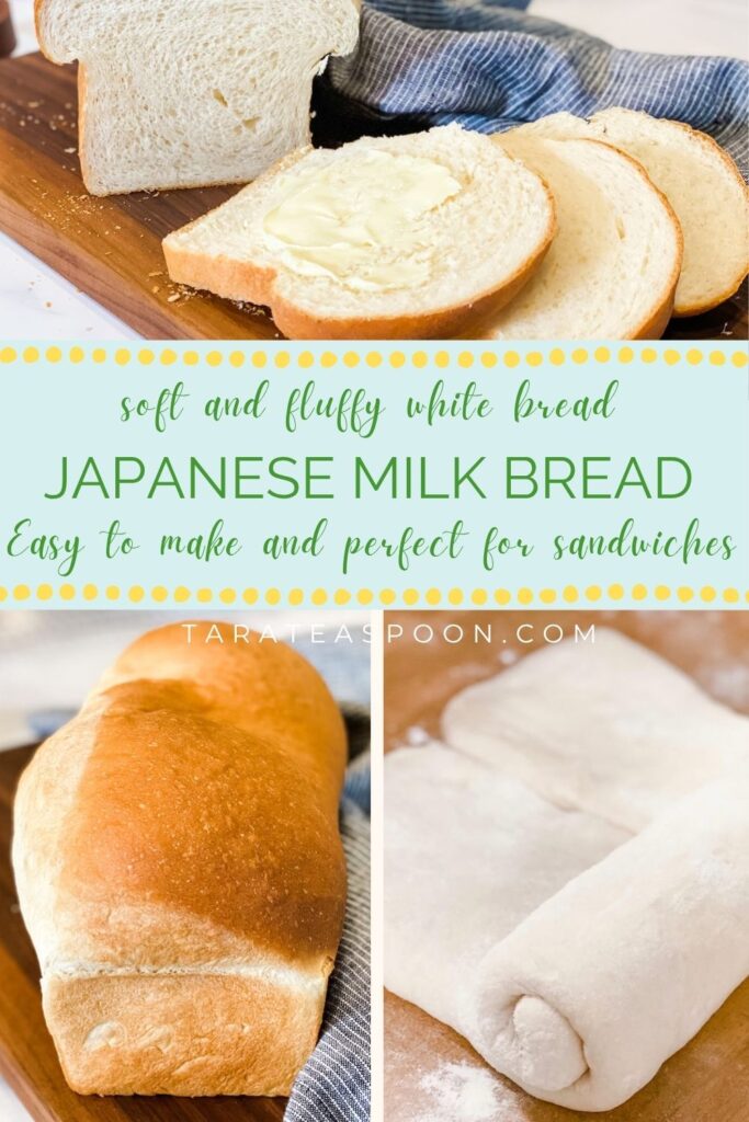 Pinterest graphic for Soft and Fluffy White Bread Recipe (Japanese Milk Bread) on Tara Teaspoon.