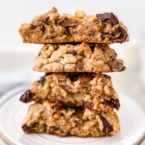 close up chocolate chip walnut cookies