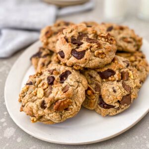 Chocolate chip walnut cookies on a plate