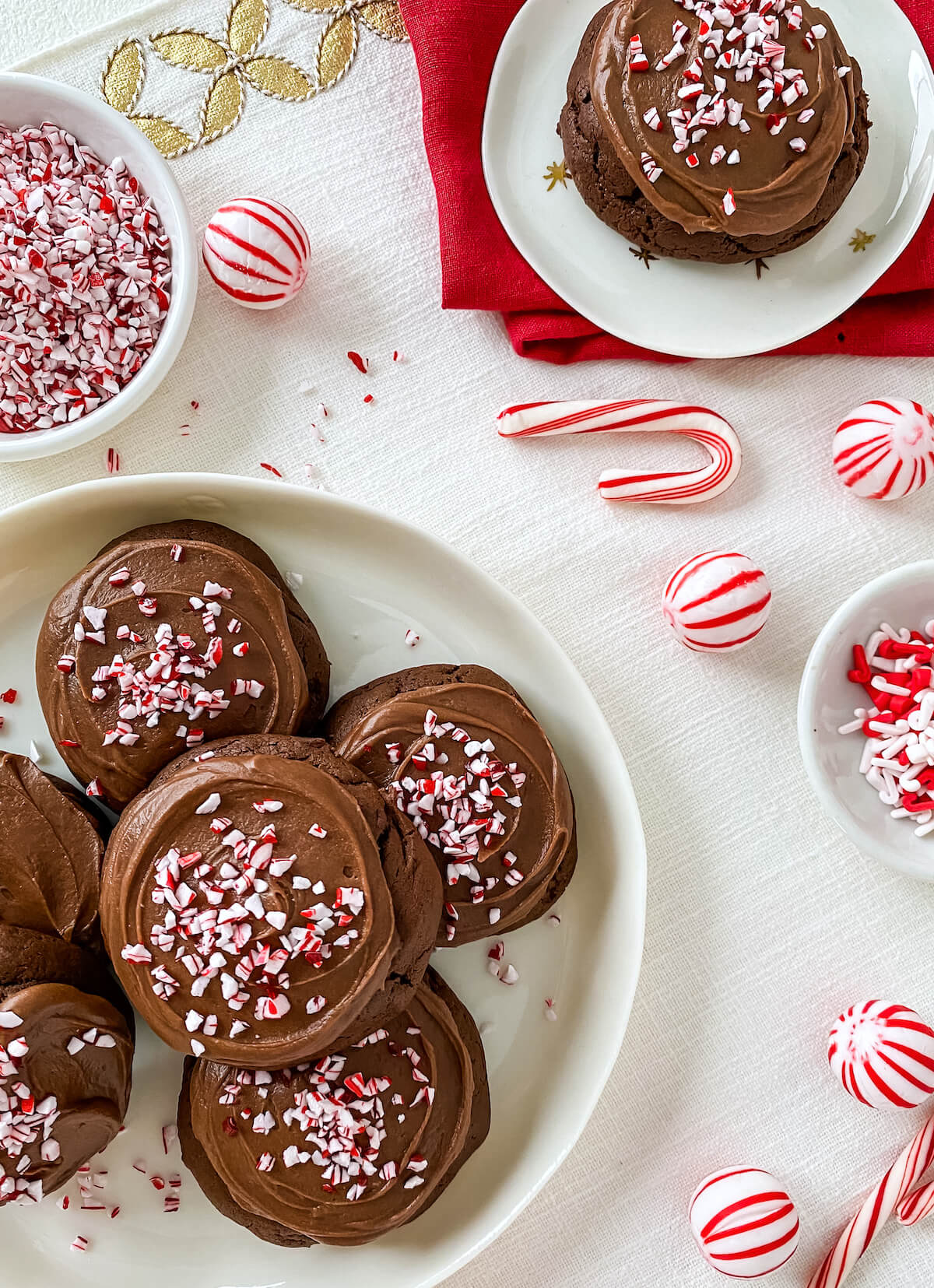 overhead of chocolate peppermint surprise cookies with candy cane sprinkles