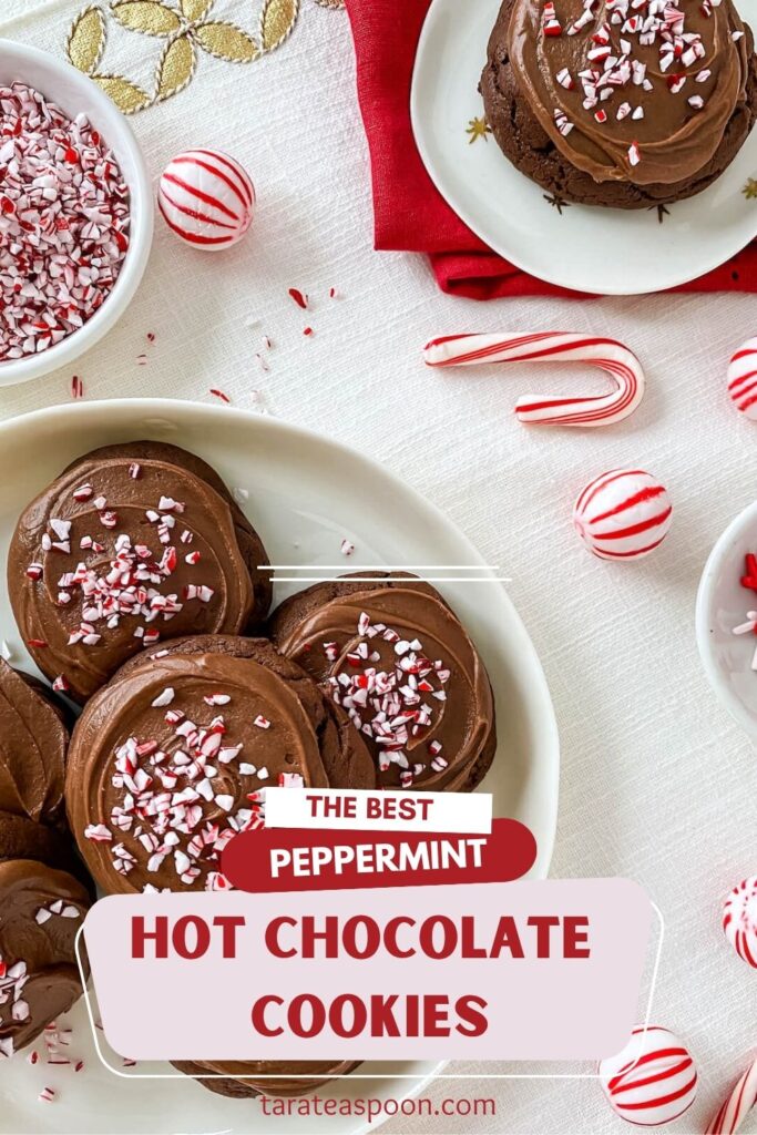 Pinterest graphic for Peppermint Hot Chocolate Cookies recipe on Tara Teaspoon.