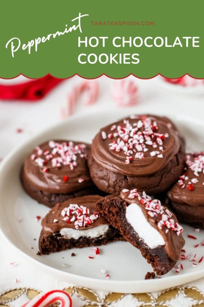 Pinterest graphic for Peppermint Hot Chocolate Cookies recipe on Tara Teaspoon.