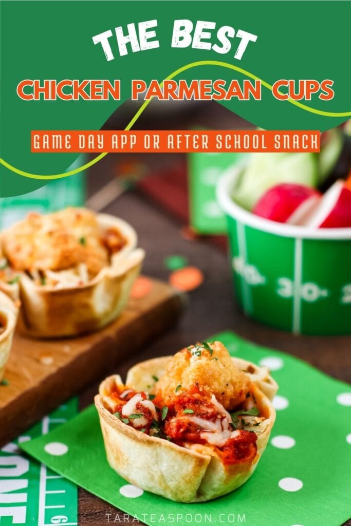 Pinterest graphic for Chicken Parmesan Cups recipe on Tara Teaspoon.