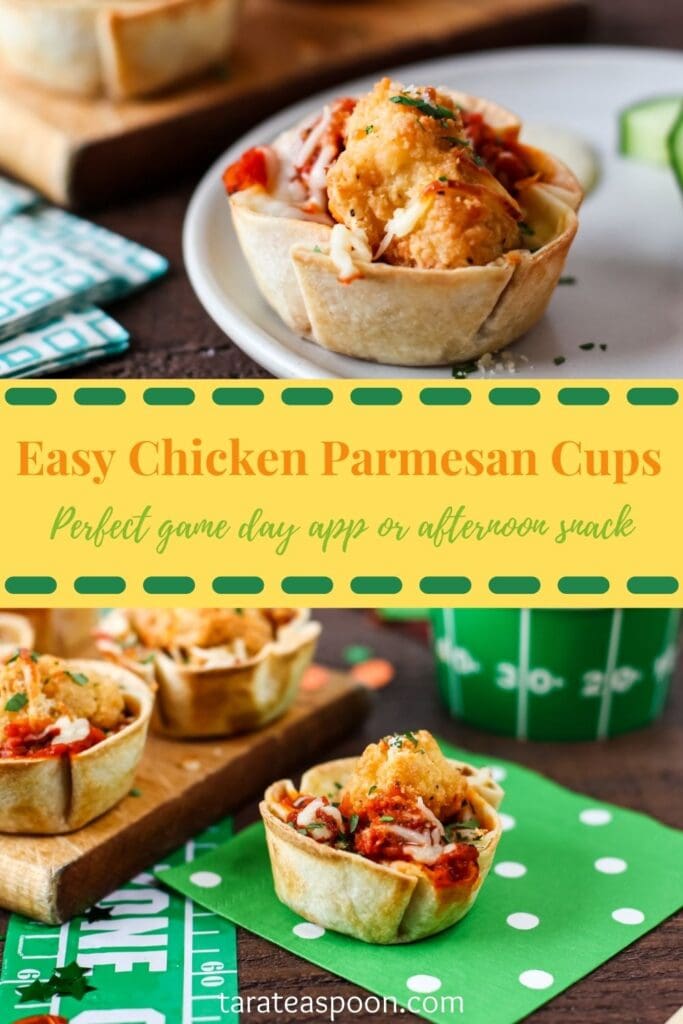 Pinterest graphic for Chicken Parmesan Cups recipe on Tara Teaspoon.