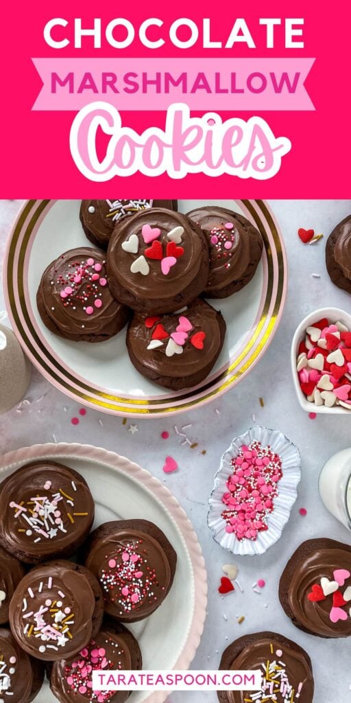 Pinterest graphic for Chocolate Marshmallow Valentine's Cookies recipe on Tara Teaspoon.