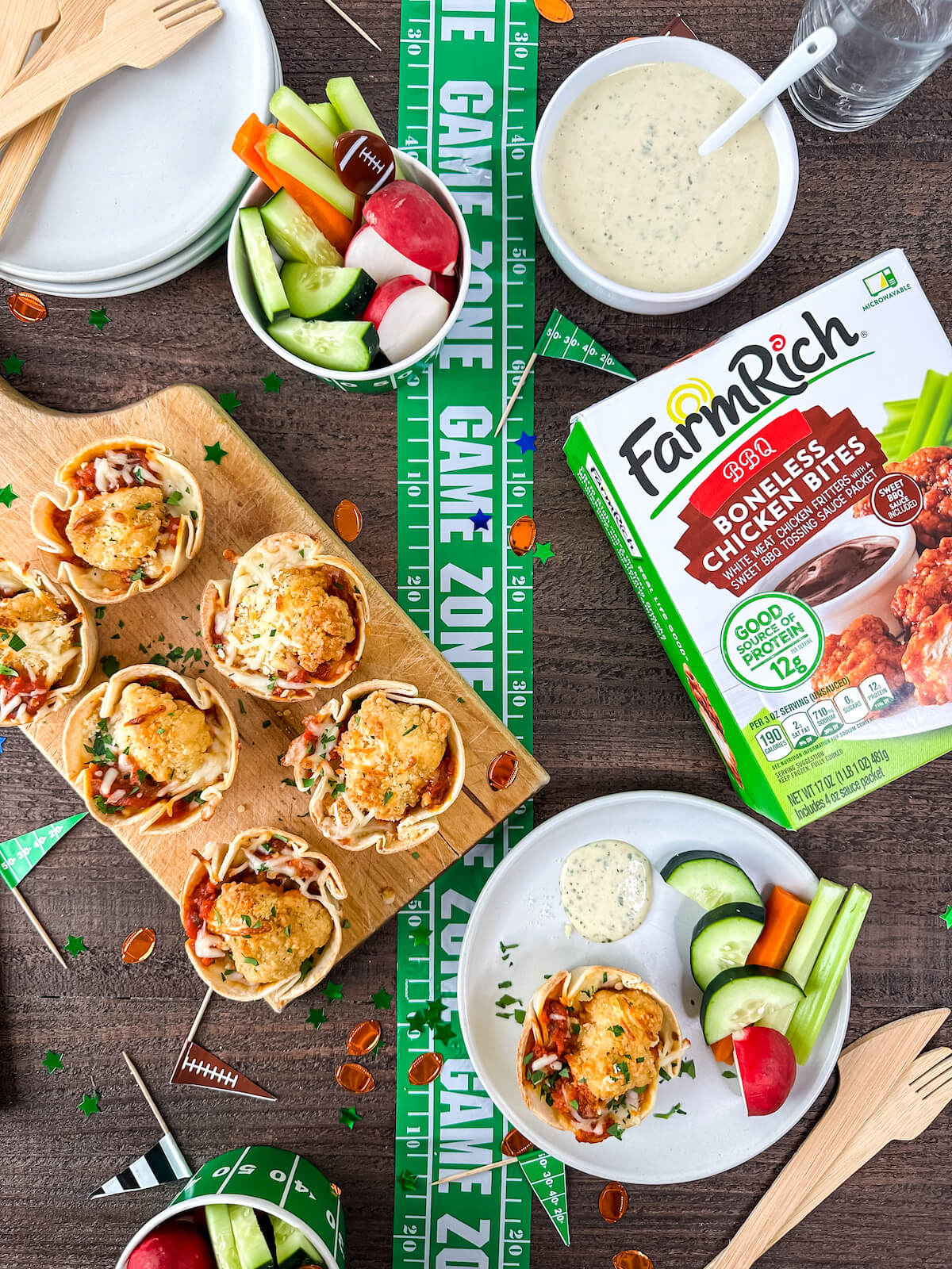 FarmRich chicken parmesan snacks on a party table