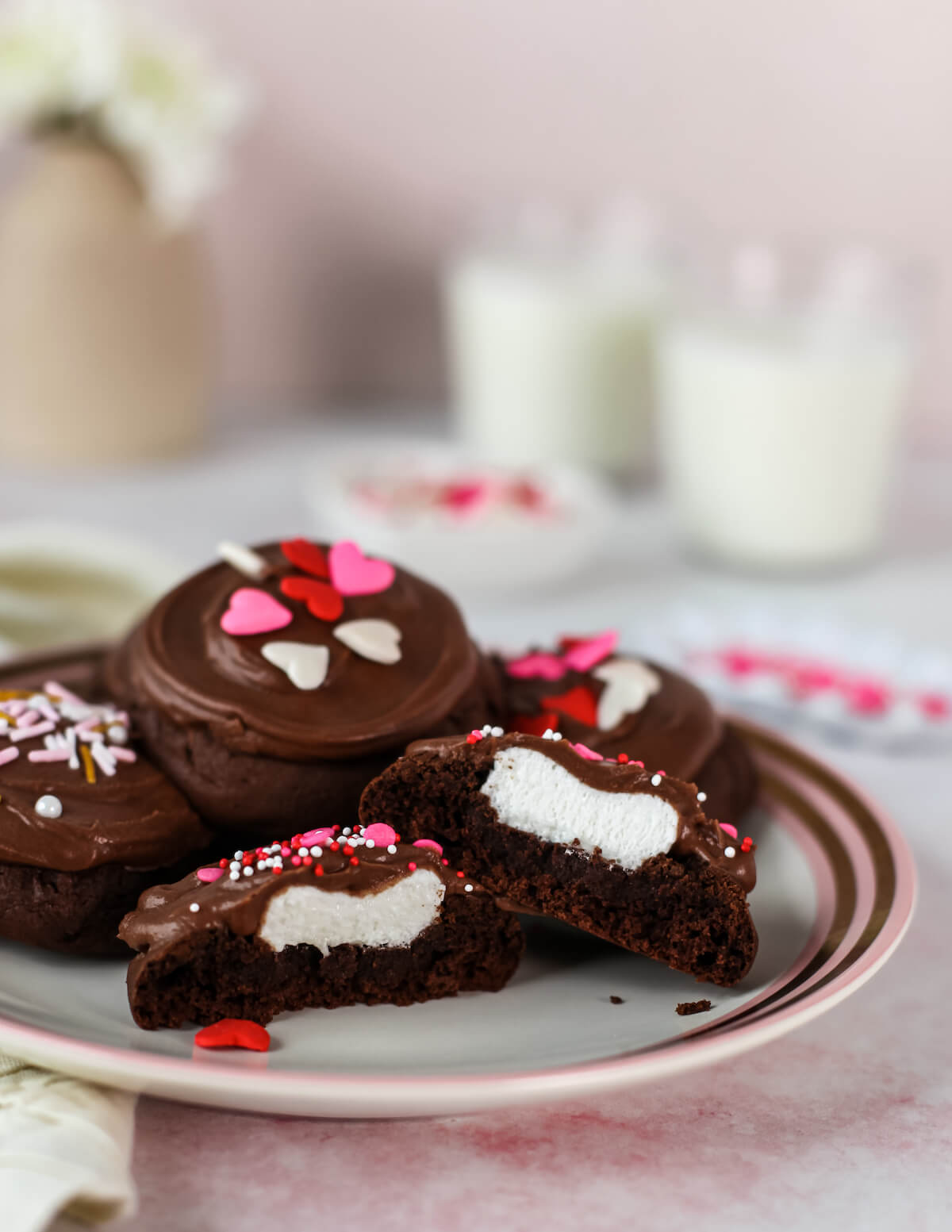 chocolate marshmallow valentines cookies cut open on plate