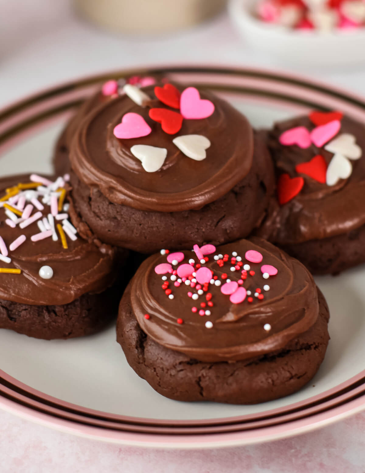 close up of frosted chocolate marshmallow valentines cookies