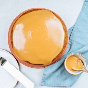 A cake topped with creamy caramel icing.