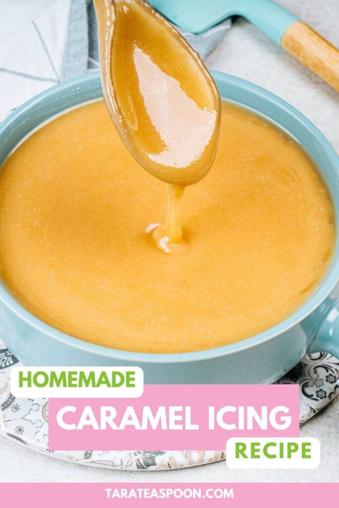 Pinterest graphic for Creamy Caramel Icing Recipe For Cake on Tara Teaspoon