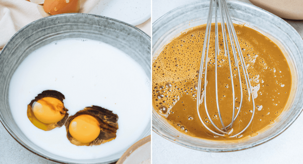 spice cake process mixing eggs, molasses, and milk