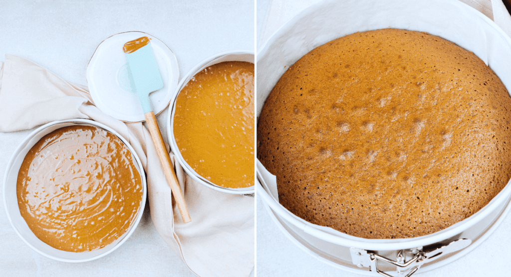 spice cake process dividing batter into two pans and baking