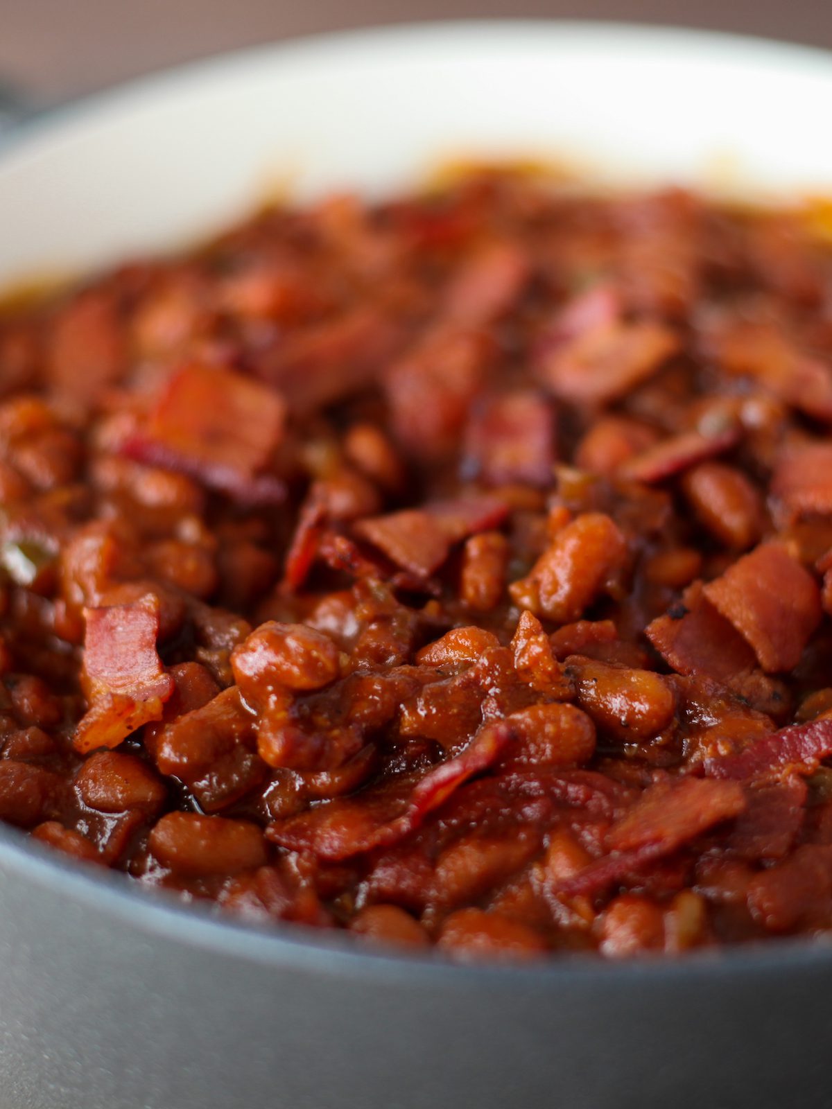 close up of BBQ baked beans in a pot