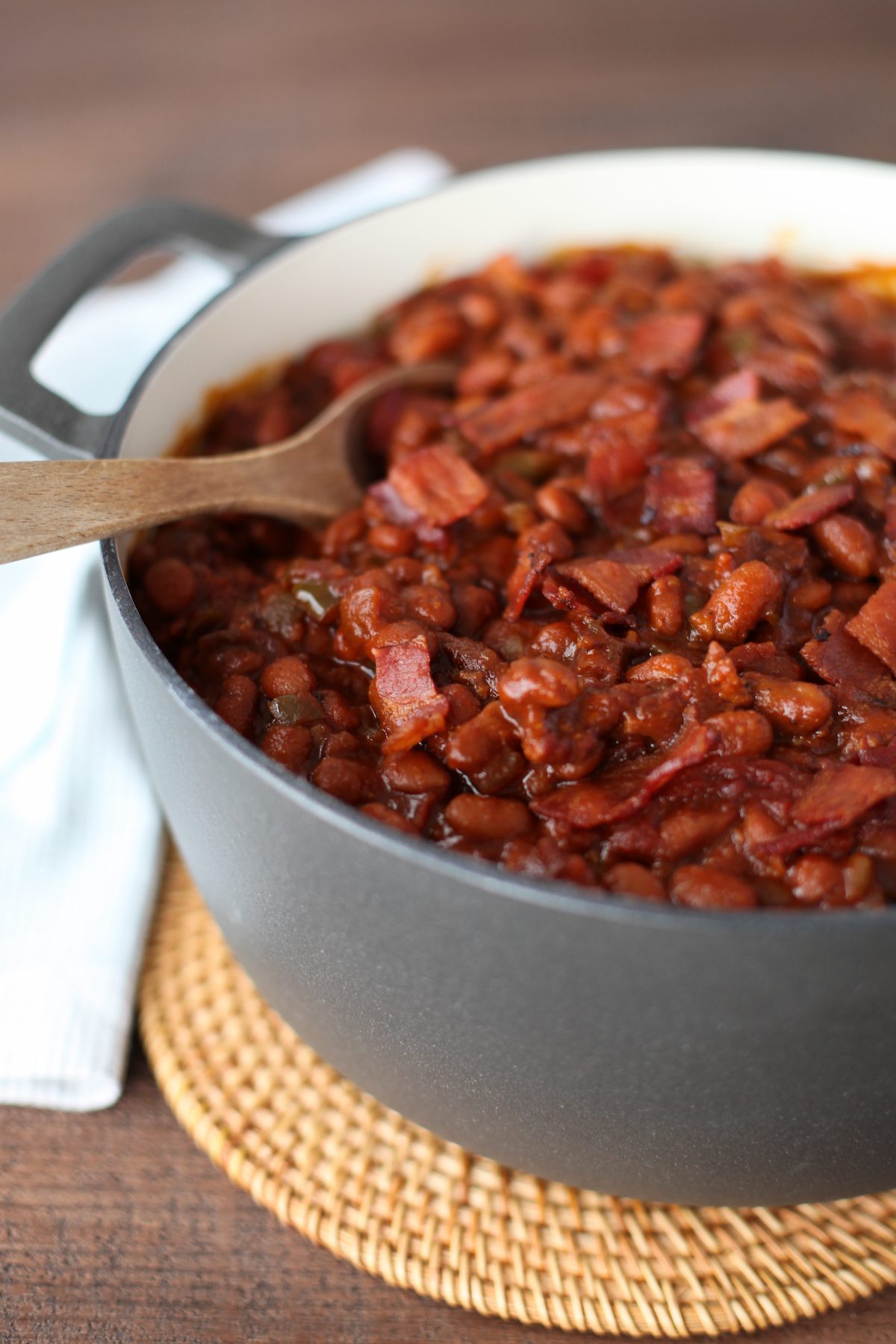Dutch oven with Baked Beans and wooden spoon