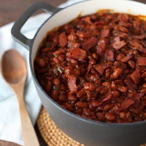 Close up of BBQ baked beans in a Dutch oven
