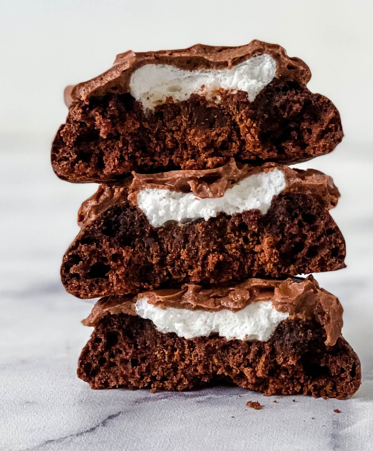close up of chocolate marshmallow surprise cookies
