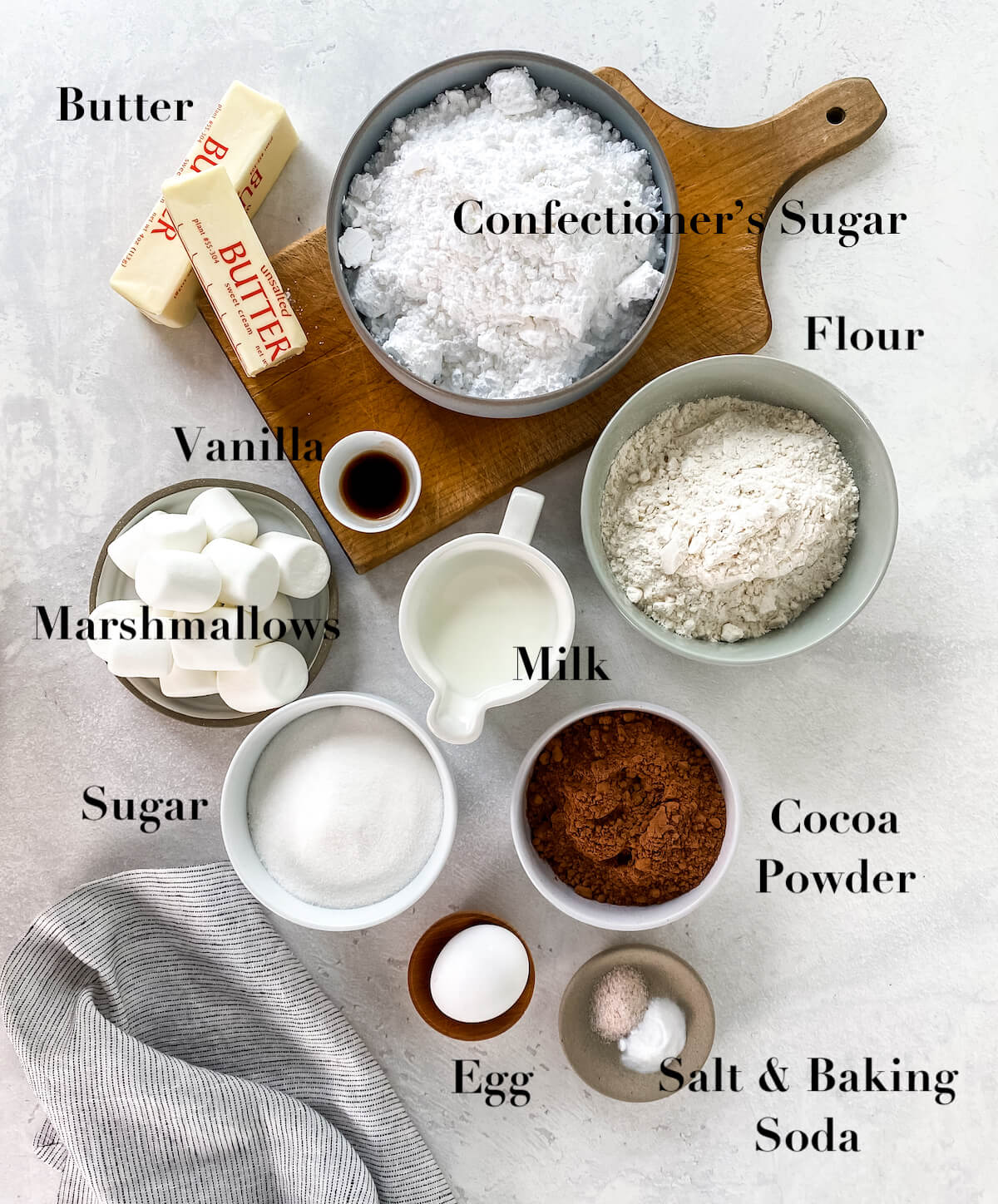 labeled ingredients for chocolate marshmallow surprise cookies