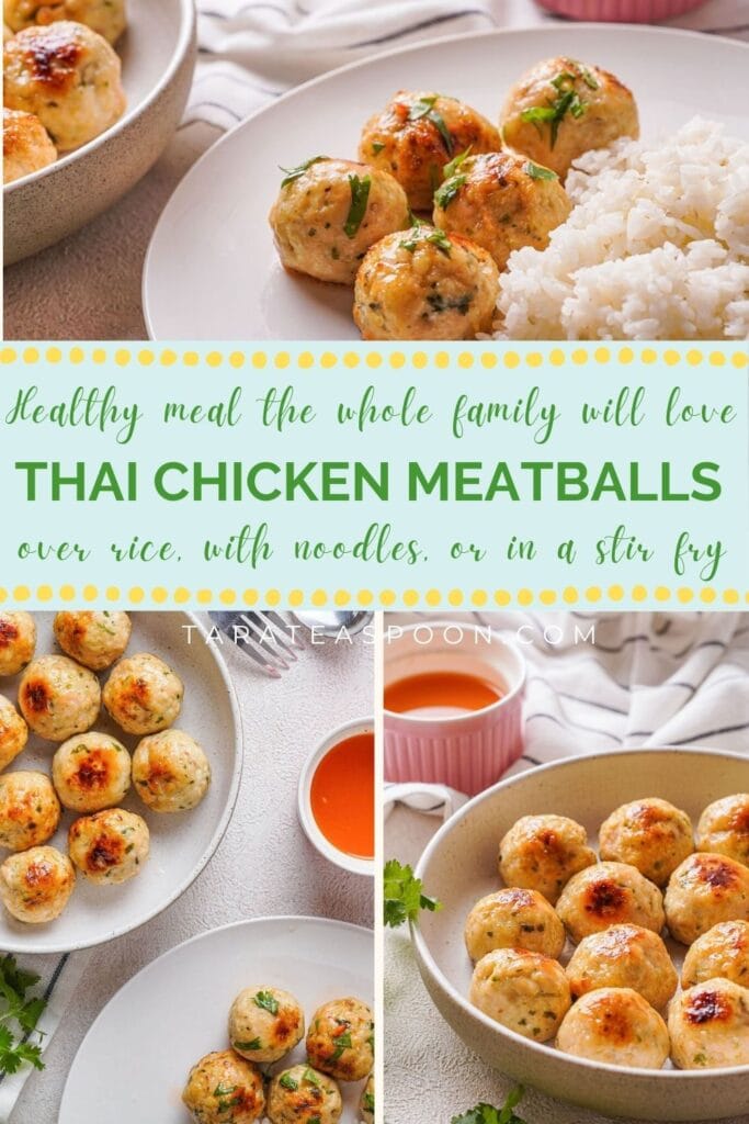 Pinterest graphic for Favorite Thai Chicken Meatballs recipe on Tara Teaspoon