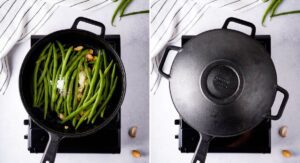 instruction shots of cooking green beans in a cast iron skillet