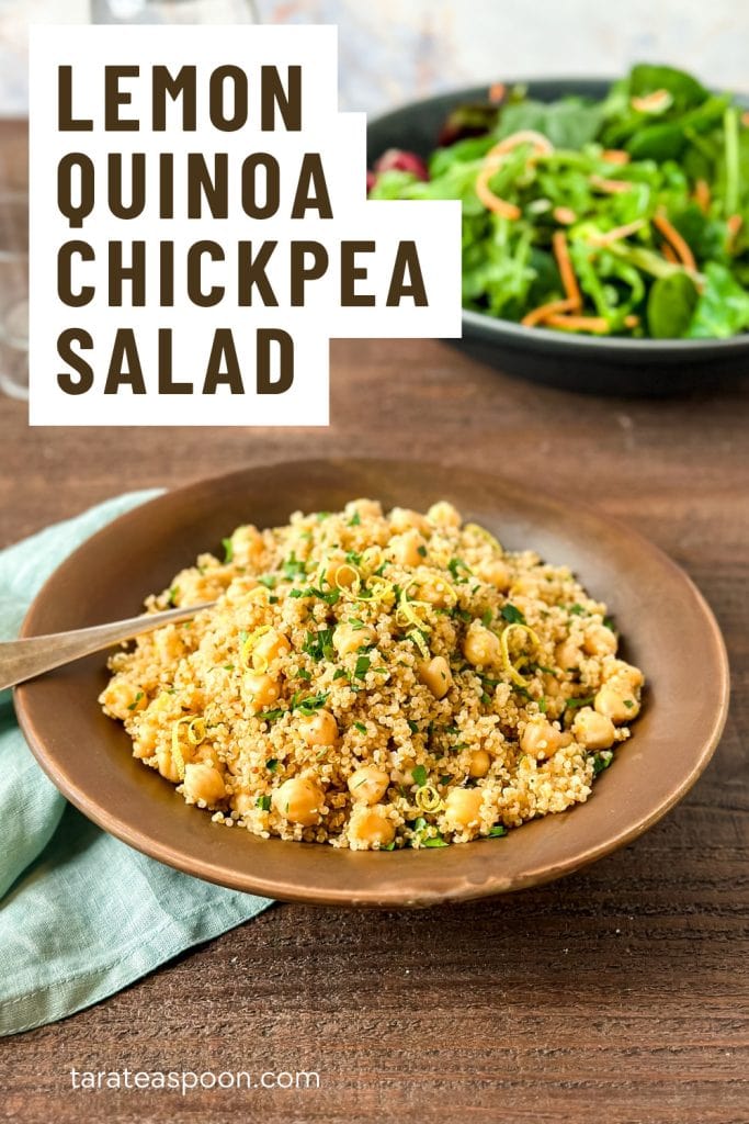 Lemon quinoa salad pin image of bowl of salad.