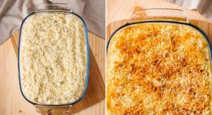 topped mac and cheese in baking dish baked to golden brown