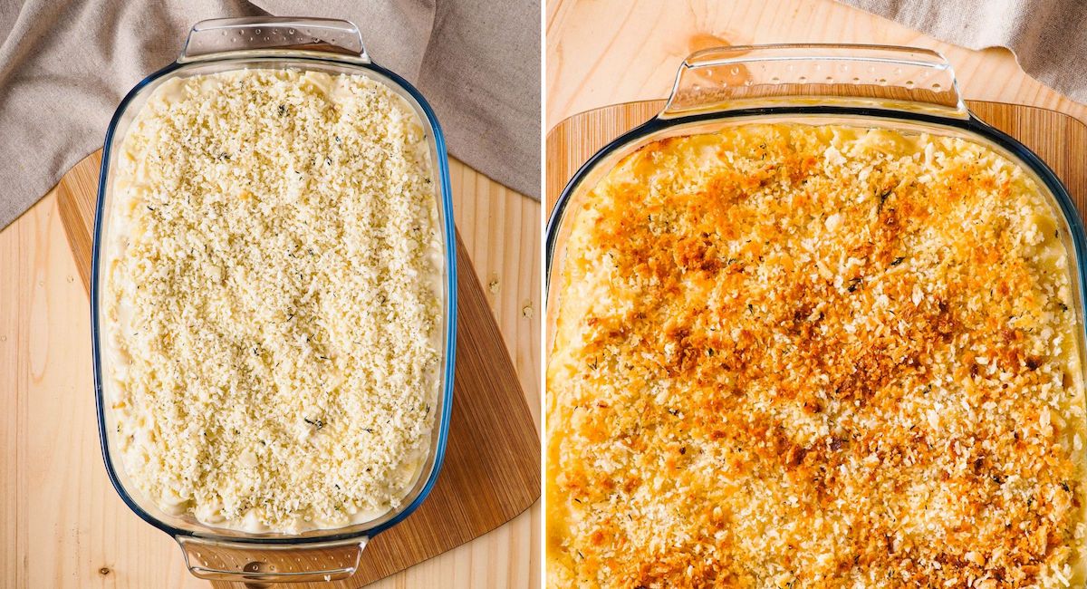 baking mac and cheese in a casserole dish