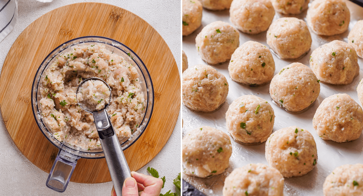 scooping chicken meatball mixture with a cookie scoop to form meatballs.