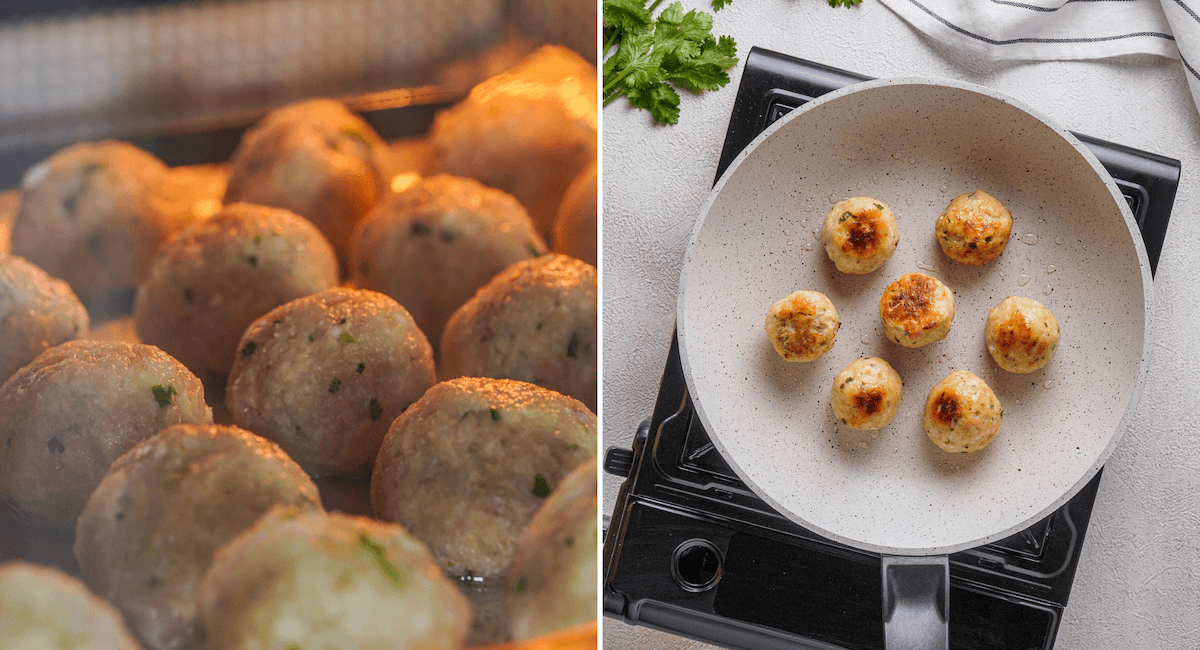 cooking chicken meatballs in the oven or in a skillet.