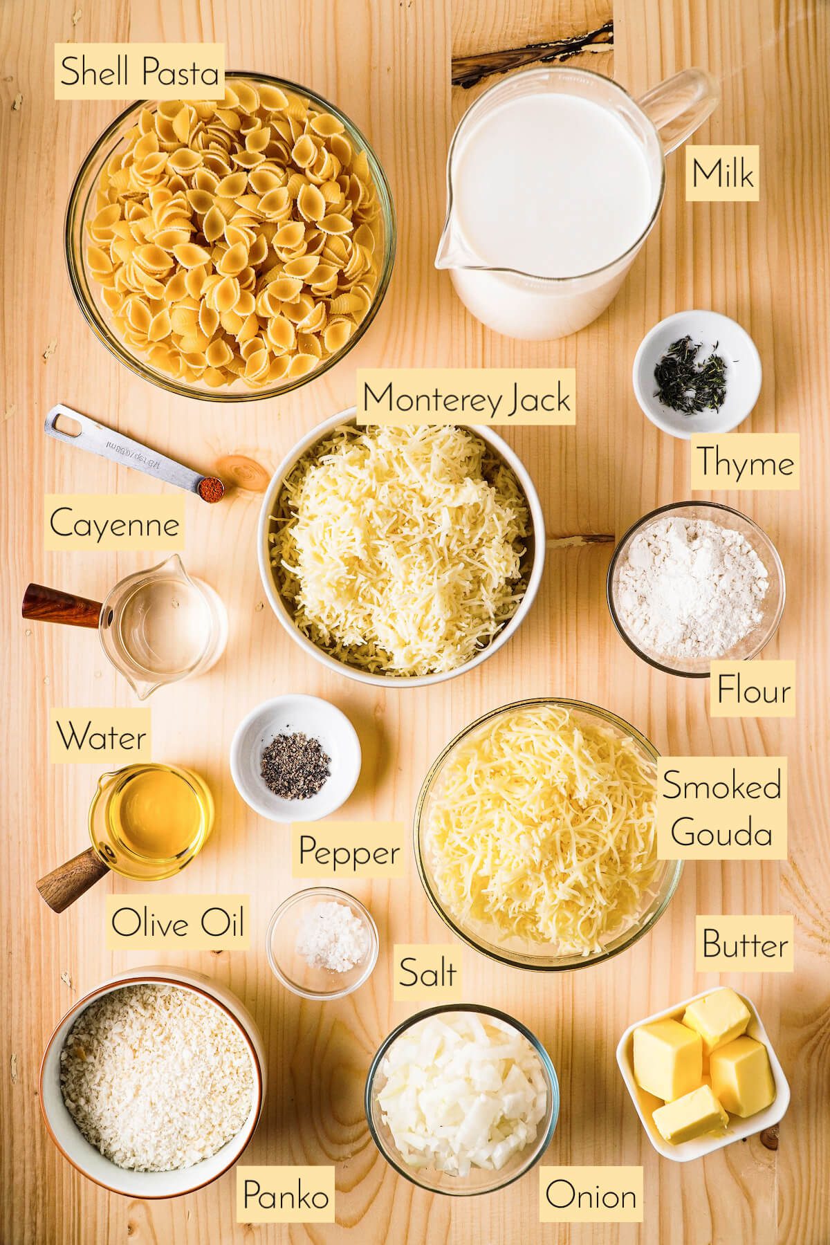 Ingredients for smoked Gouda mac and cheese