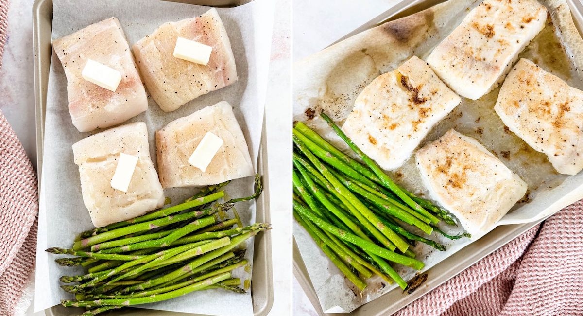 cooking fish and asparagus on a sheet pan