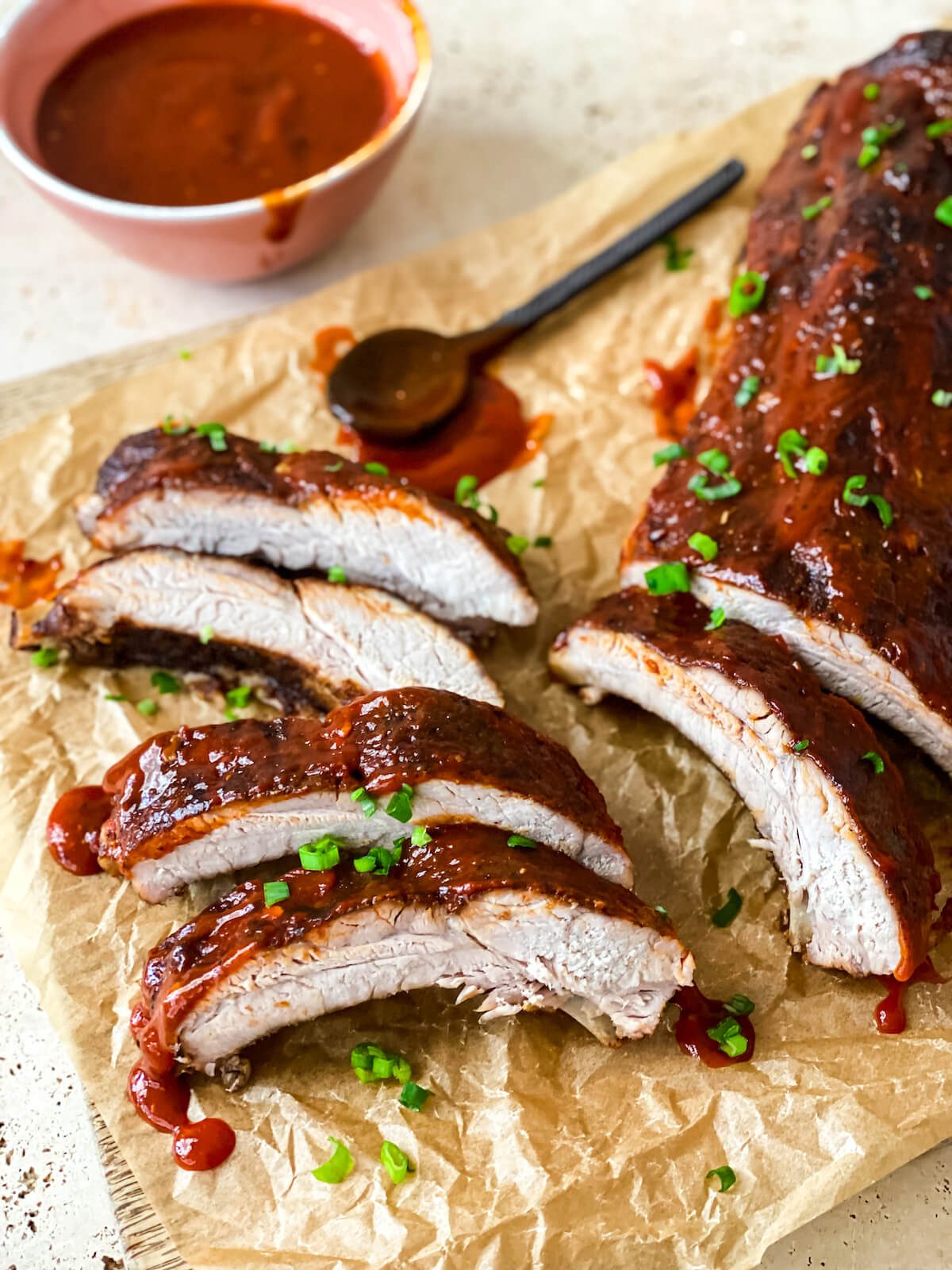 rack or ribs cut to serve with bbq sauce