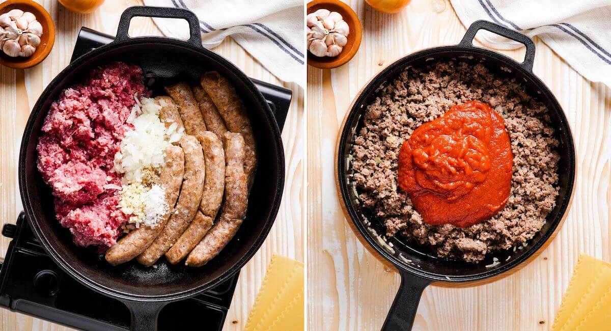 cooking sausage and seasonings for lasagna in a skillet