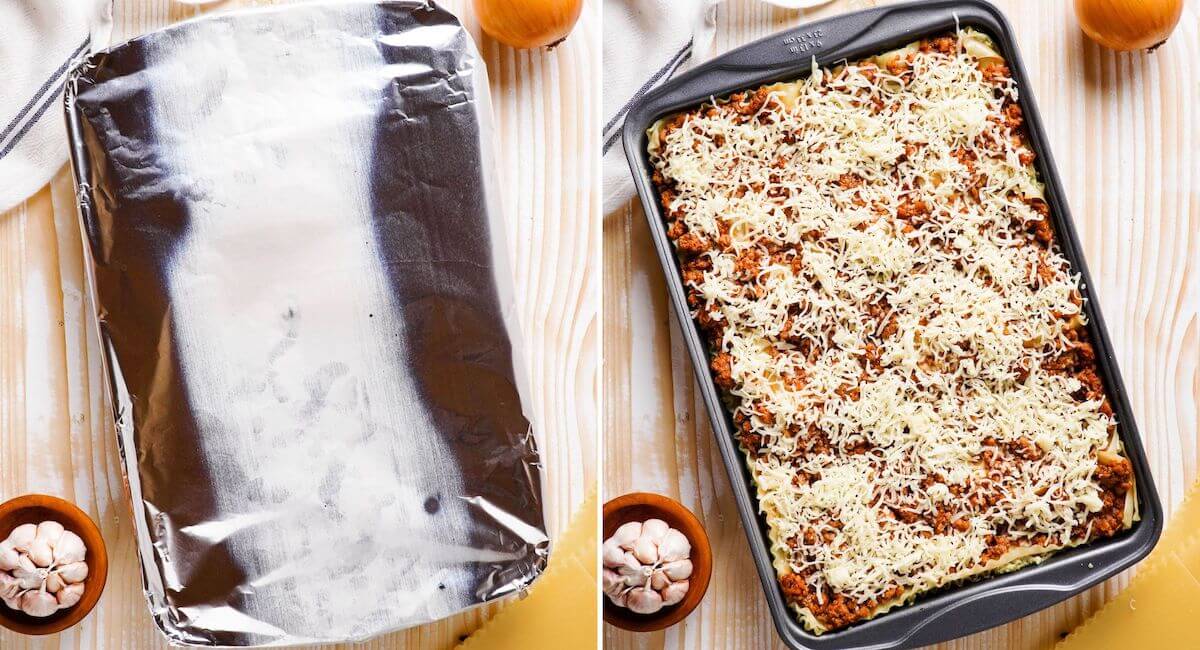 covering lasagna with foil to bake and then topping with cheese