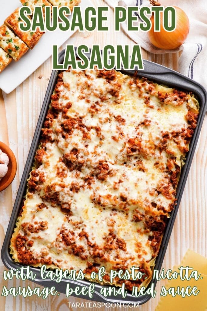 Pinterest graphic for Sausage Lasagna with Pesto recipe on Tara Teaspoon.