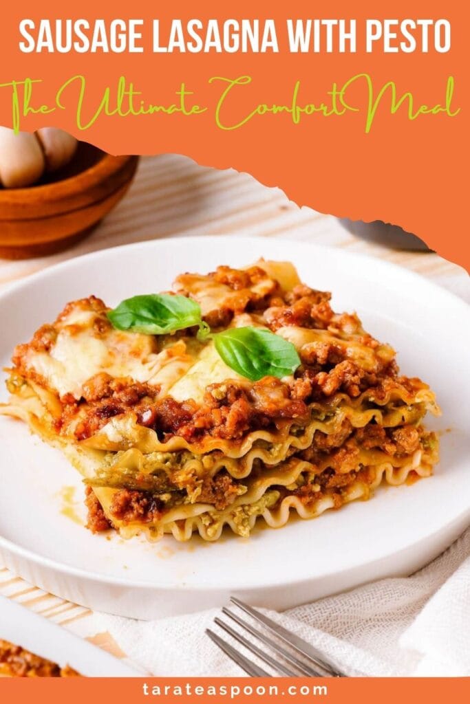 Pinterest graphic for Sausage Lasagna with Pesto recipe on Tara Teaspoon.