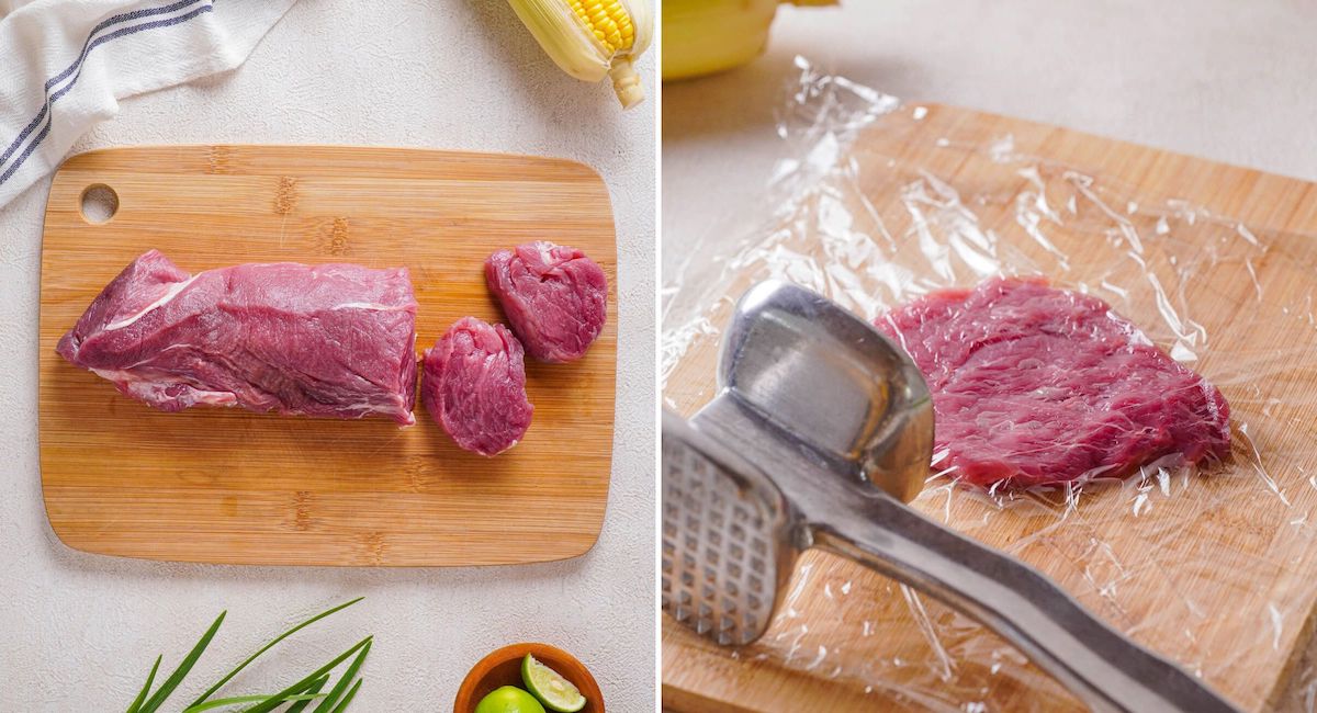 how to pictures of slicing pork cutlets from a tenderloin and pounding thin between sheets of plastic wrap