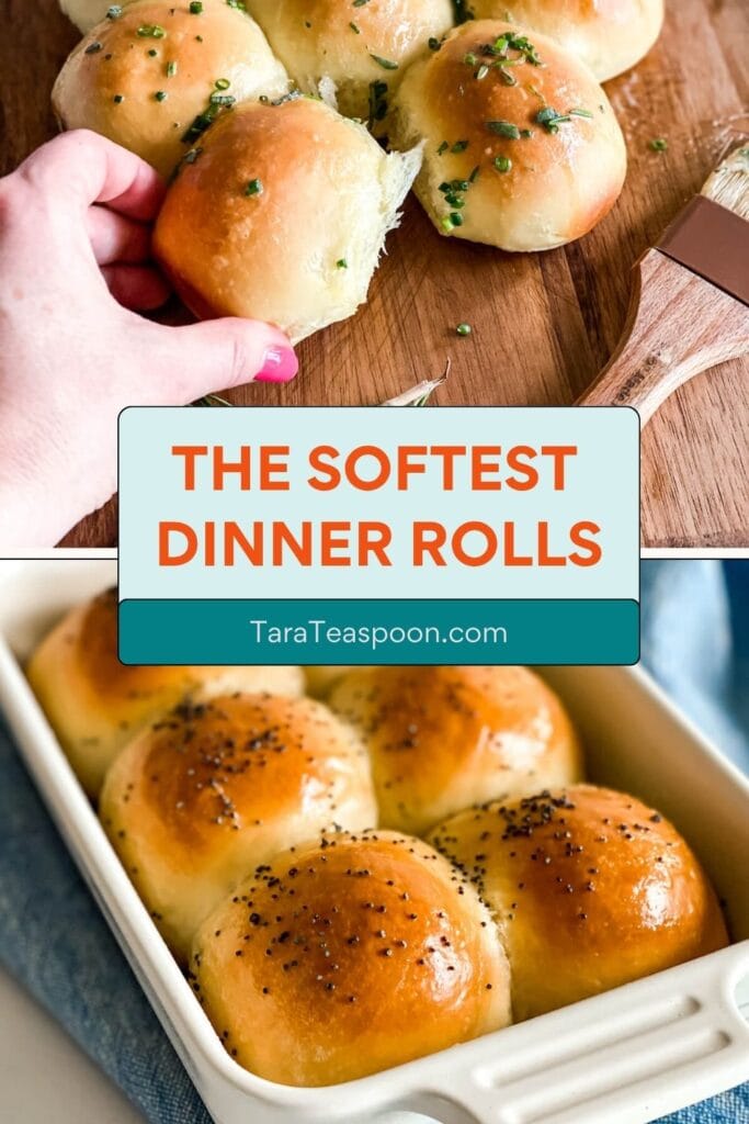 Pinterest graphic for Soft Dinner Rolls recipe on Tara Teaspoon.
