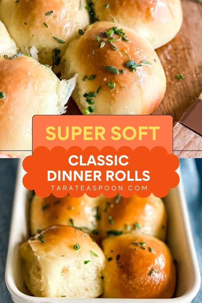 Pinterest graphic for Soft Dinner Rolls recipe on Tara Teaspoon.