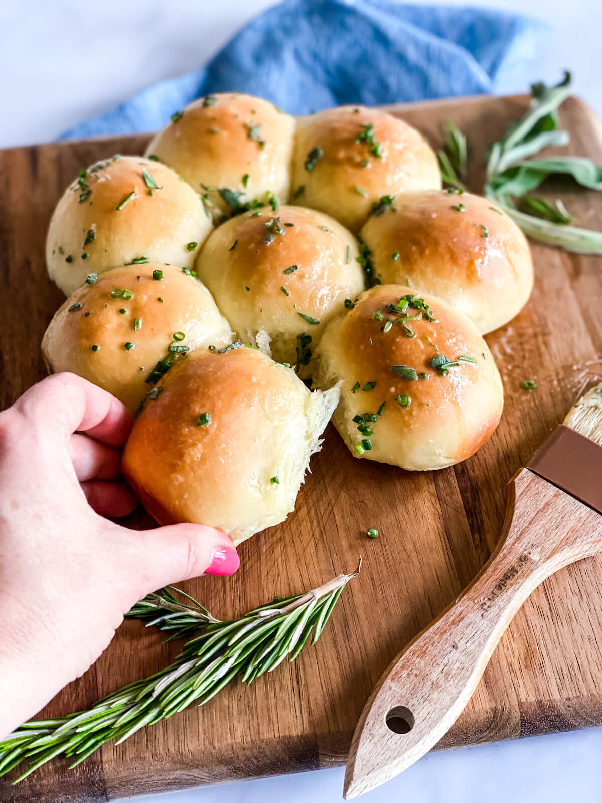 classic dinner rolls on a cutting board with herbs