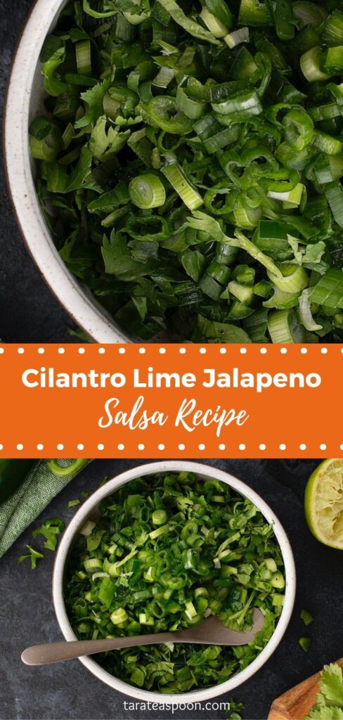 Pinterest graphic for Cilantro Salsa Recipe with Lime and Jalapeno on Tara Teaspoon