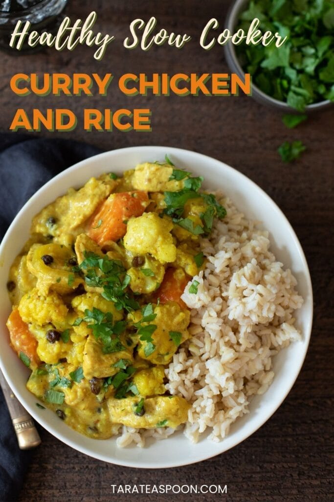 Pinterest graphic for Slow Cooker Chicken Curry recipe on Tara Teaspoon.