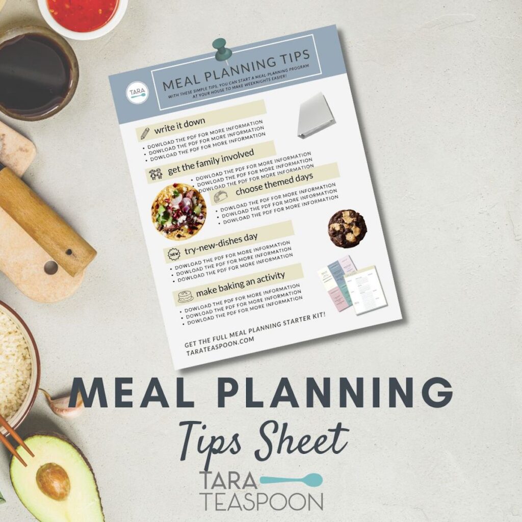Meal planning tips sheet with avocado and sauce bowls on the left