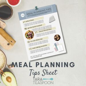 Meal planning tips sheet with avocado and sauce bowls to the left