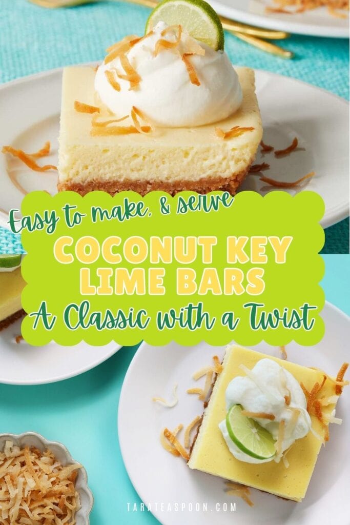 Pinterest graphic for Coconut Key Lime Bars recipe on Tara Teaspoon.