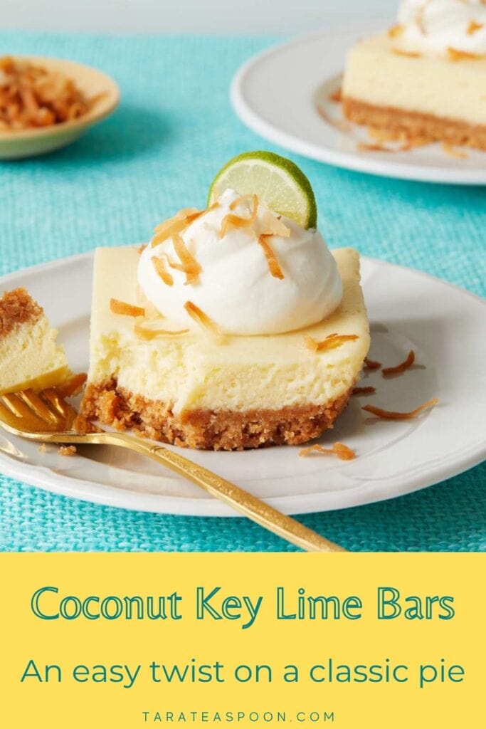 Pinterest graphic for Coconut Key Lime Bars recipe on Tara Teaspoon.