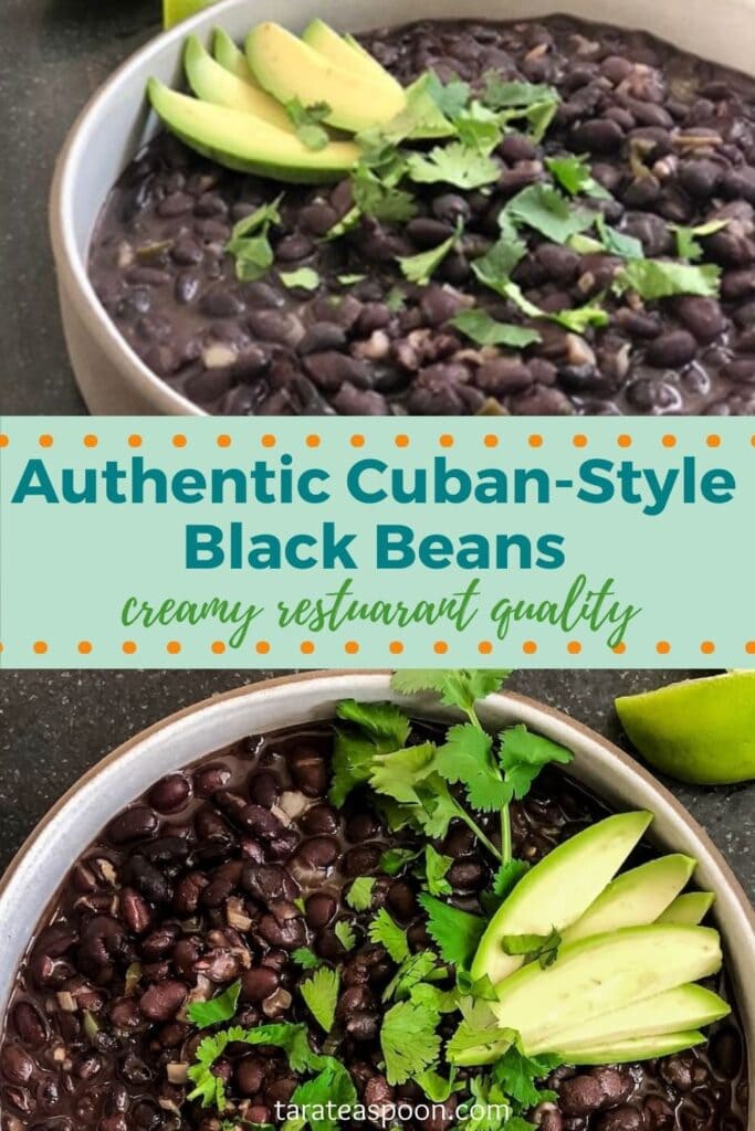 Pinterest graphic for Authentic Creamy Black Beans recipe on Tara Teaspoon.