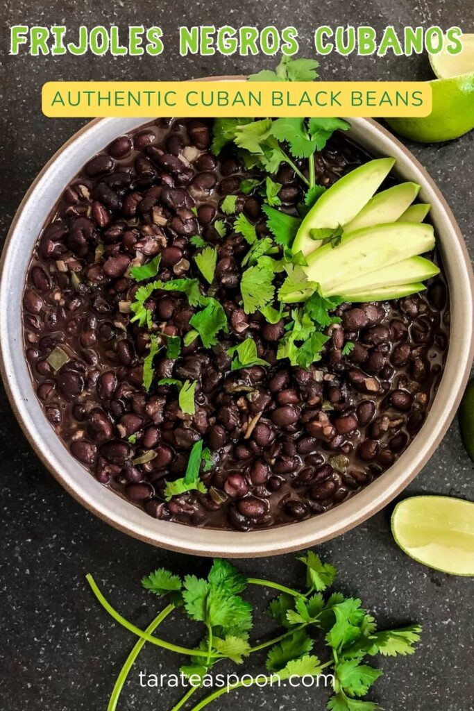 Pinterest graphic for Authentic Creamy Black Beans recipe on Tara Teaspoon.